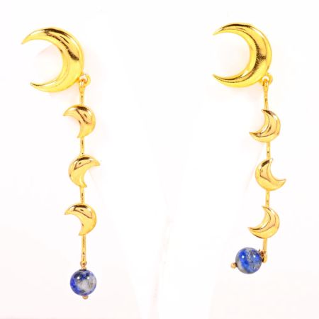 Brass 18k Gold Plated Crescent Moon Dangle Earrings with Lapis Gemstone Gift Jewelry
